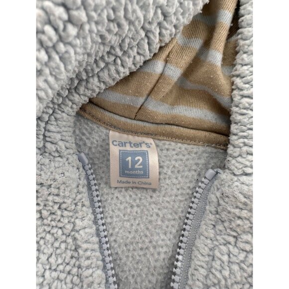 Carters Baby Bear Sherpa Hooded Zip-Up Jacket 12M Light Blue Polyester Warm Cozy - Picture 2 of 9